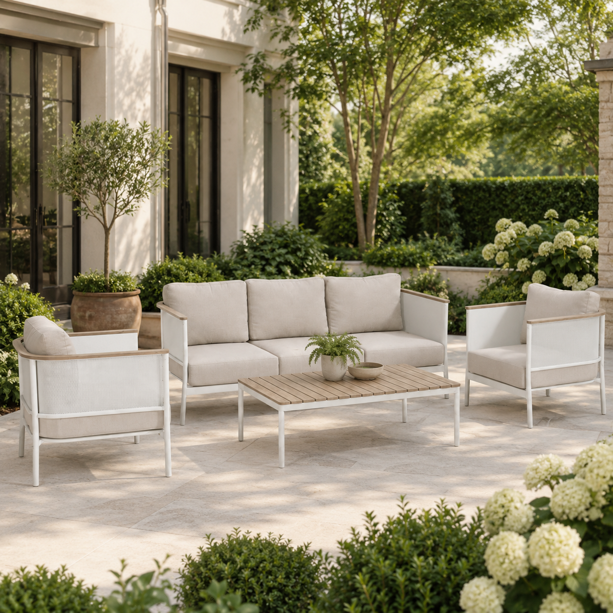 Salotto da giardino 5 posti Ulises Vapor – divano 3 posti, 2 poltrone e tavolino in alluminio effetto legno – set arredo esterno Bizzotto"
