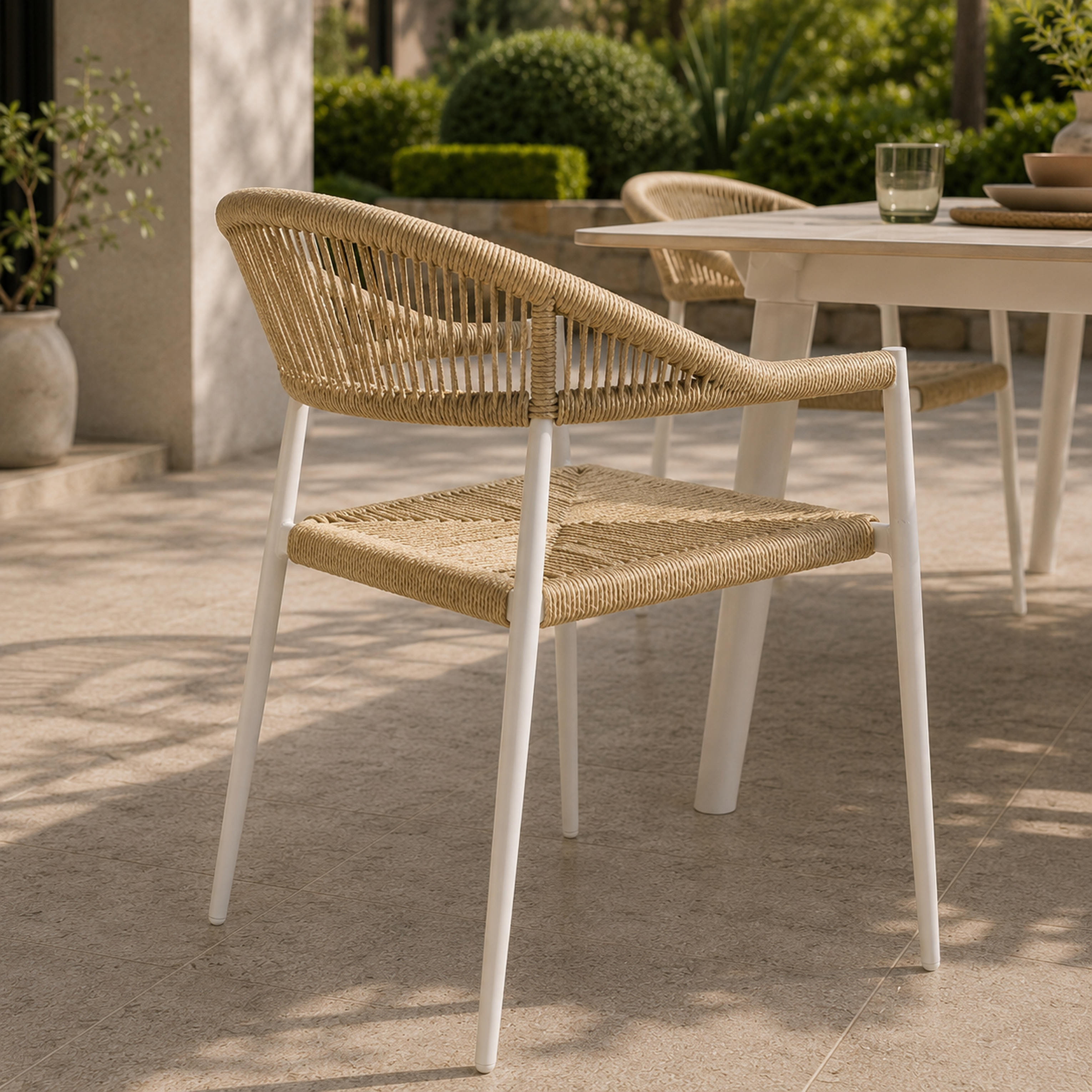 Sedia da giardino con braccioli in alluminio e corda naturale – Daniel