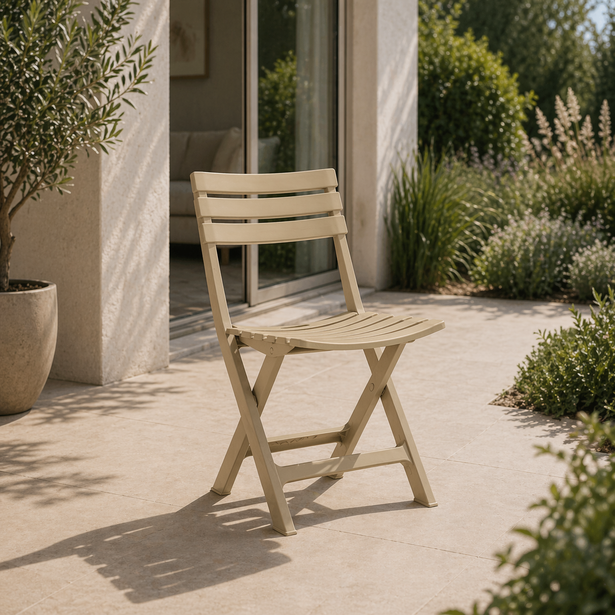 Sedia da giardino pieghevole a listelli tortora – Windy – arredo esterno Gelsomino Home.