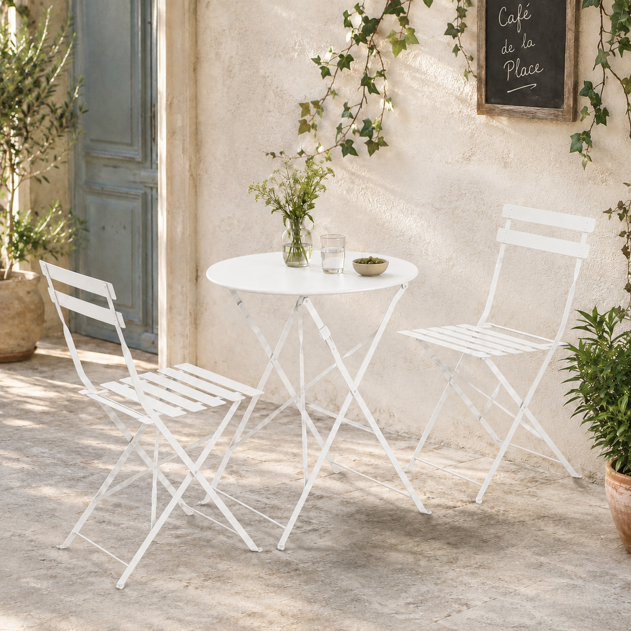 Set bistrot da giardino pieghevole in acciaio bianco – Austin