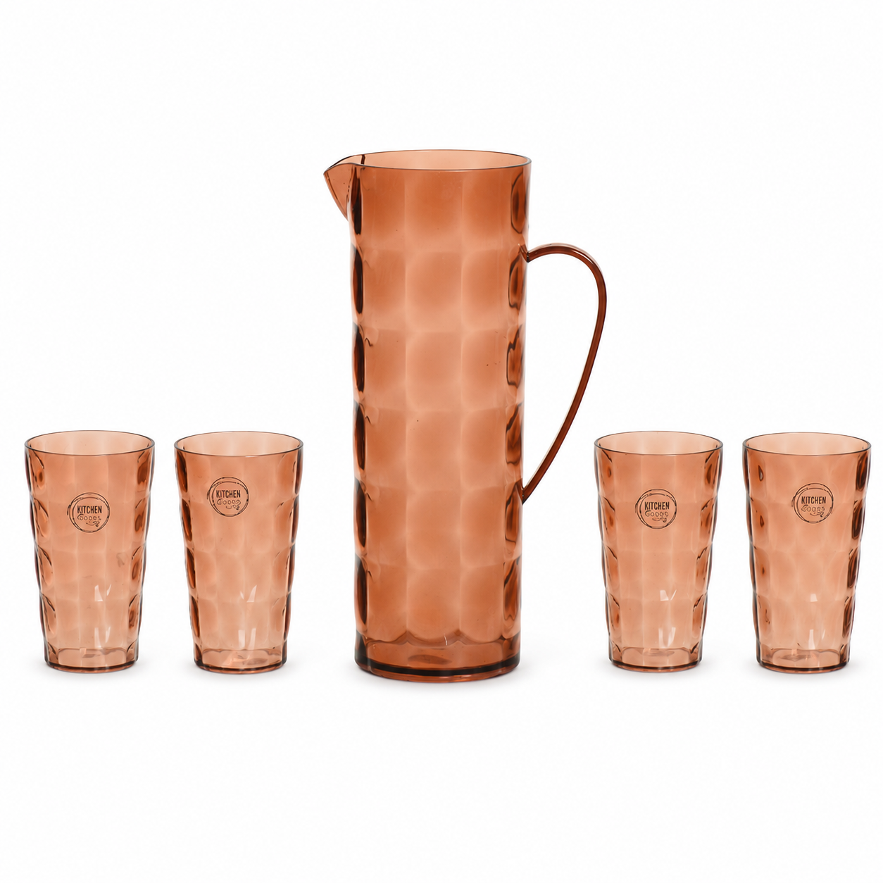 Set brocca e 4 bicchieri in plastica color terra con texture a bolle – Kitchen
