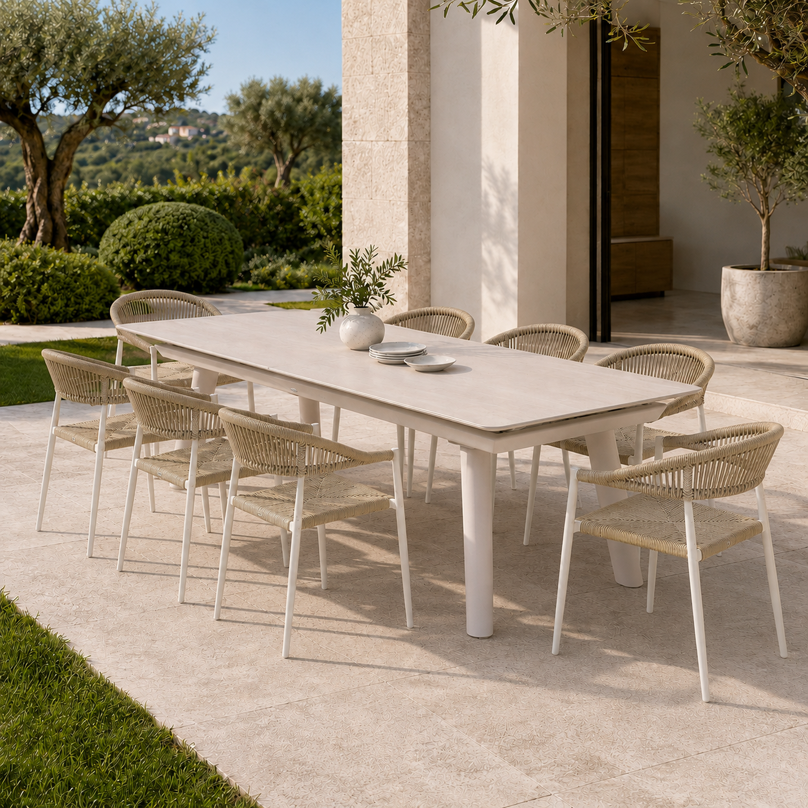 Tavolo da giardino allungabile con piano in gres effetto cemento bianco – Mary – arredo esterno Gelsomino Home