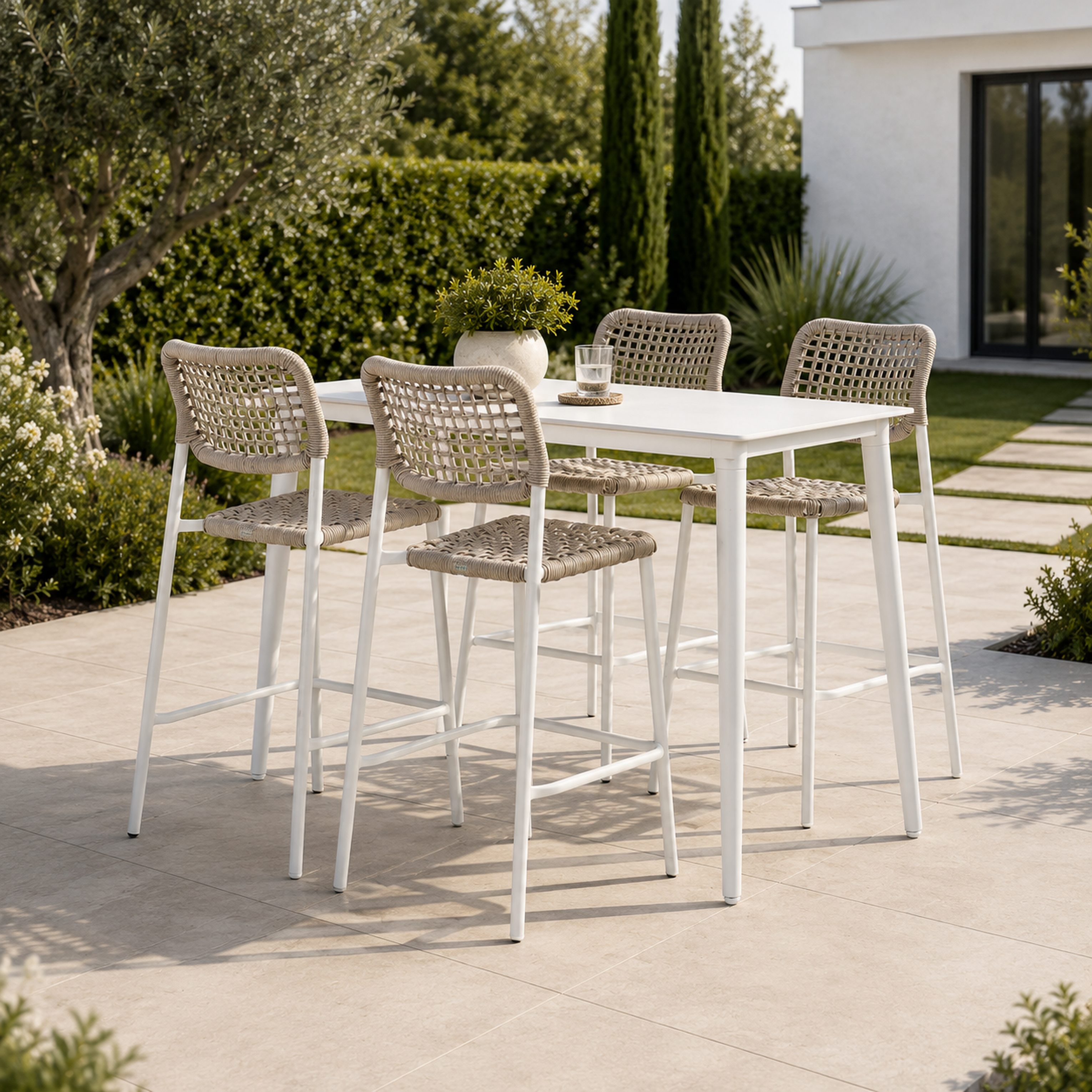 Tavolo bar da giardino in alluminio bianco con piano a doghe – Angel – arredo esterno Gelsomino Home