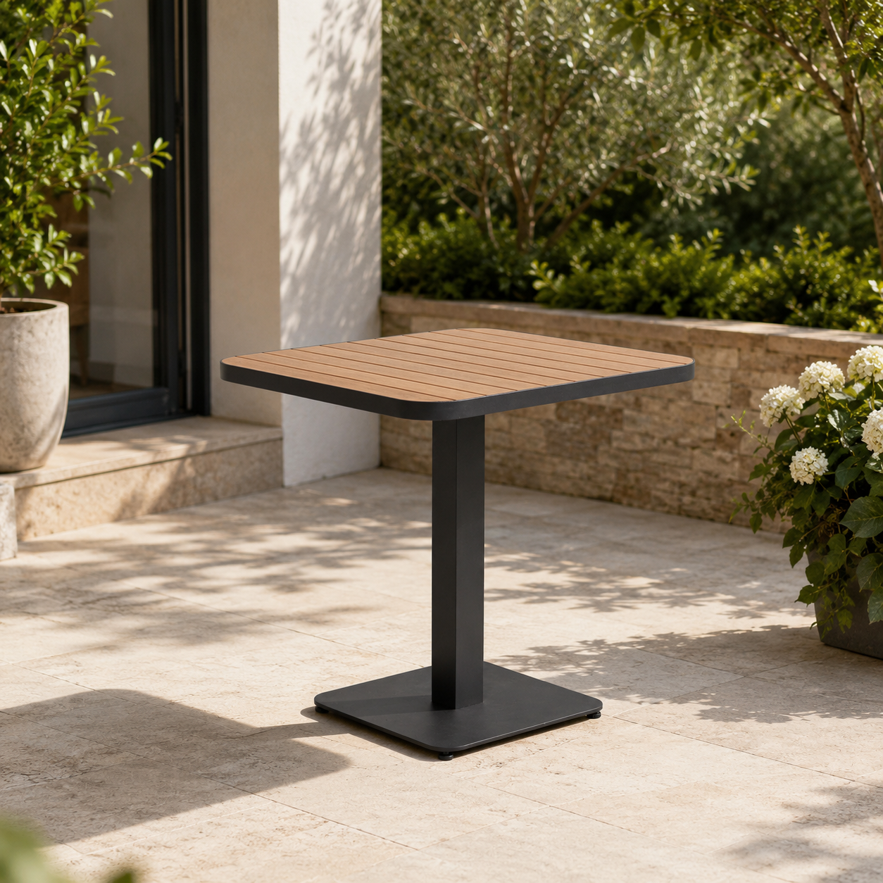 Tavolo da giardino quadrato con piano a doghe effetto legno antracite – Belmar – arredo esterno Gelsomino Home.