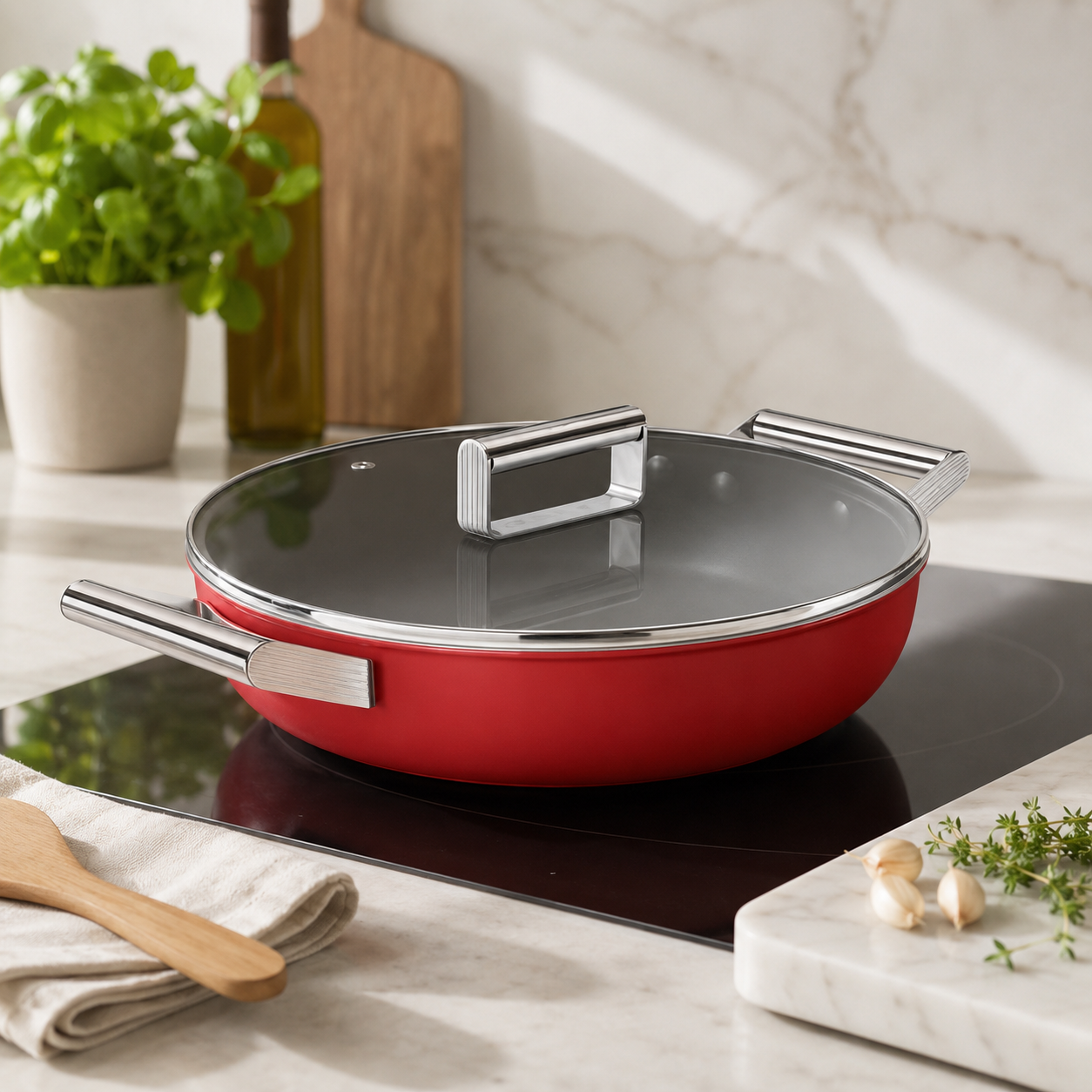Tegame basso 2 manici rosso 28 cm con coperchio alluminio forgiato induzione – Smeg 50's Style