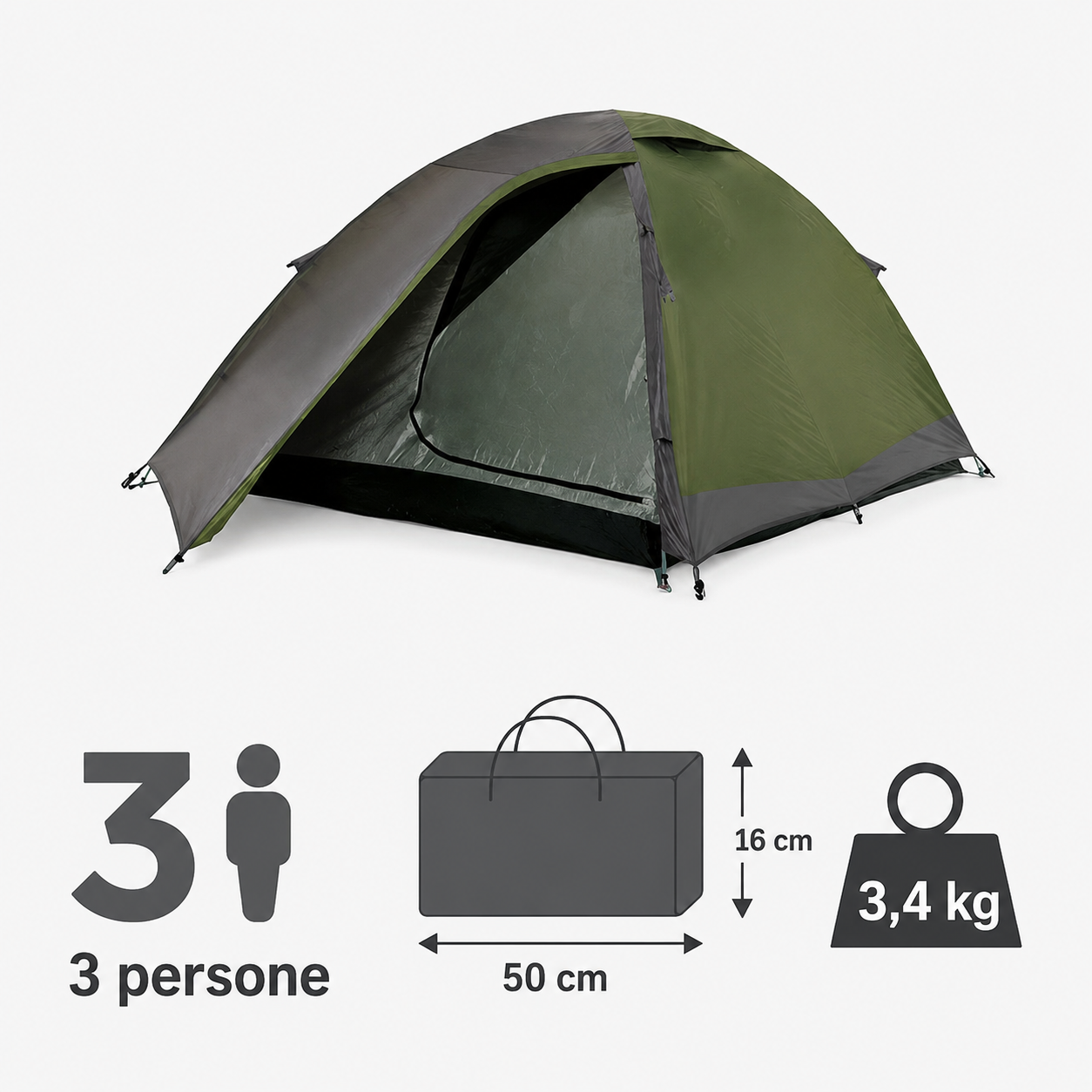 Tenda da campeggio a cupola 3 posti impermeabile – Darwin 3
