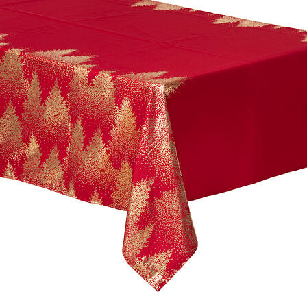 Tovaglia natalizia rossa con alberi dorati 140 × 360 cm