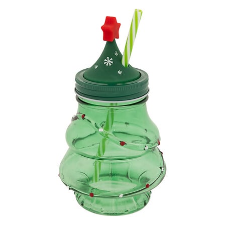 Bicchiere natalizio in vetro a forma di albero con cannuccia 500 ml