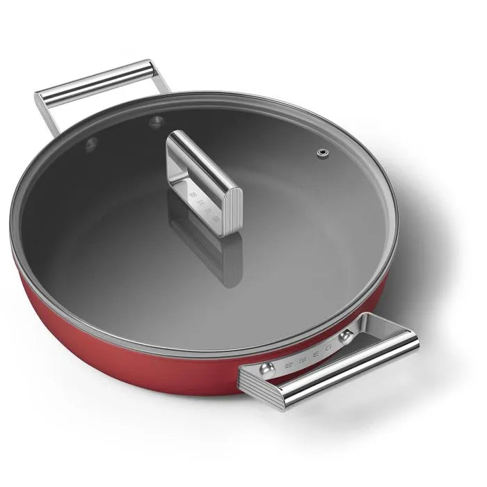 Tegame basso 2 manici rosso 28 cm con coperchio alluminio forgiato induzione – Smeg 50's Style