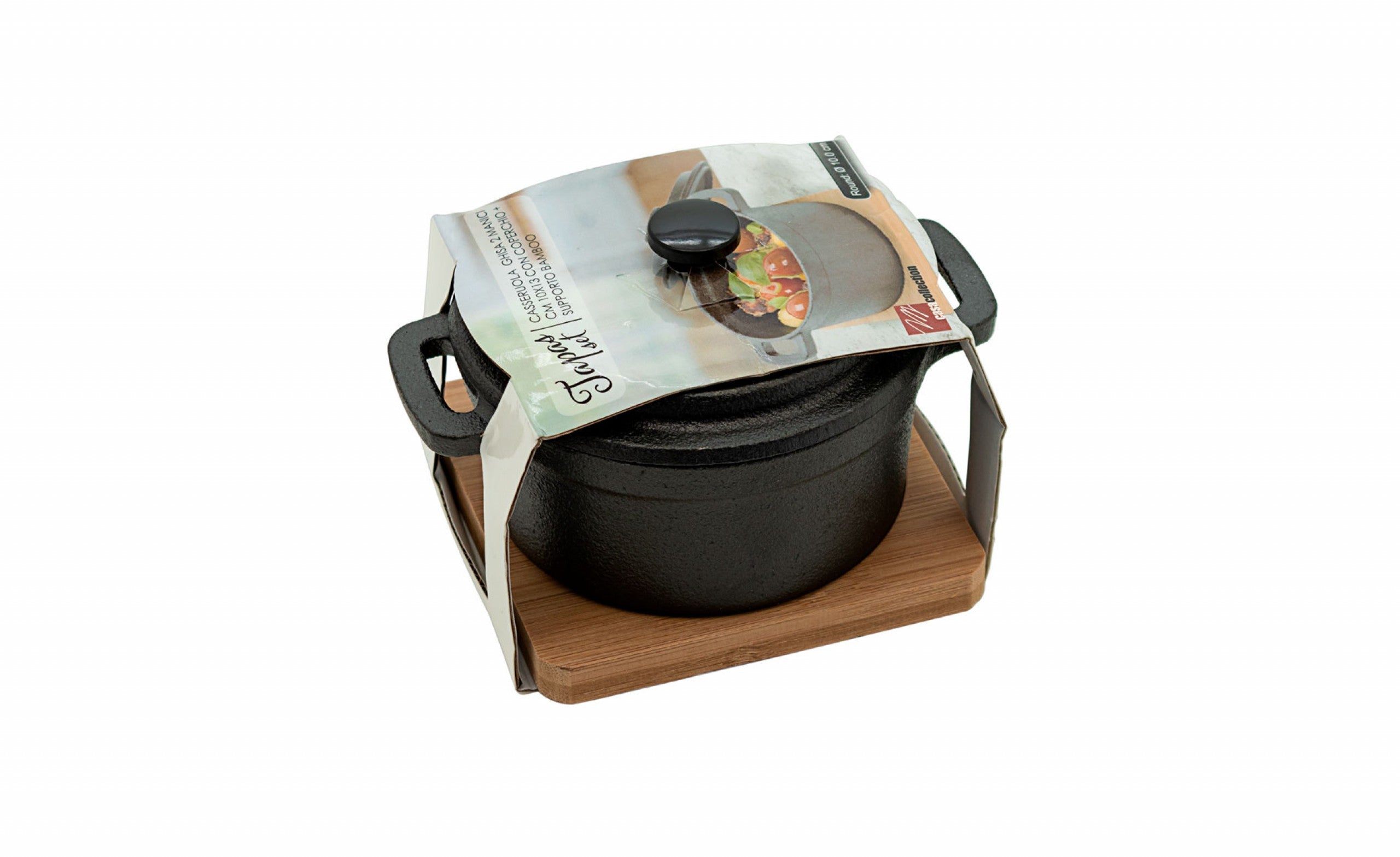 Mini cocotte in ceramica nera con coperchio e supporto bamboo – Tapas