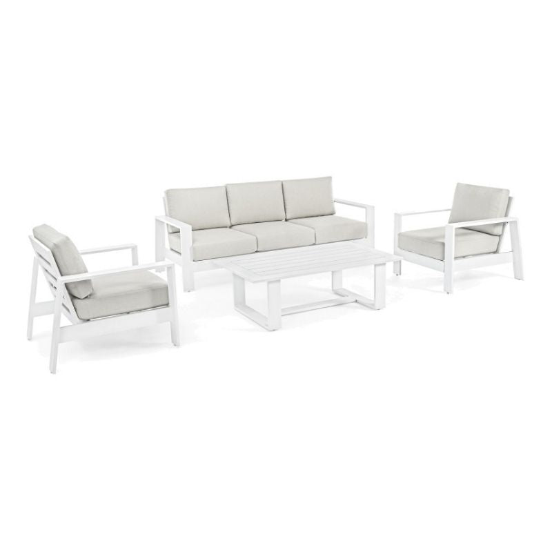 Salotto Baltic bianco in alluminio linea Bizzotto, divano 3 posti con poltrone e tavolino